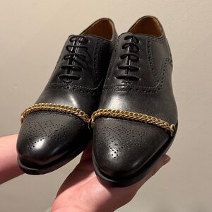 Taft Black Leather Oxfords with Gold Chain